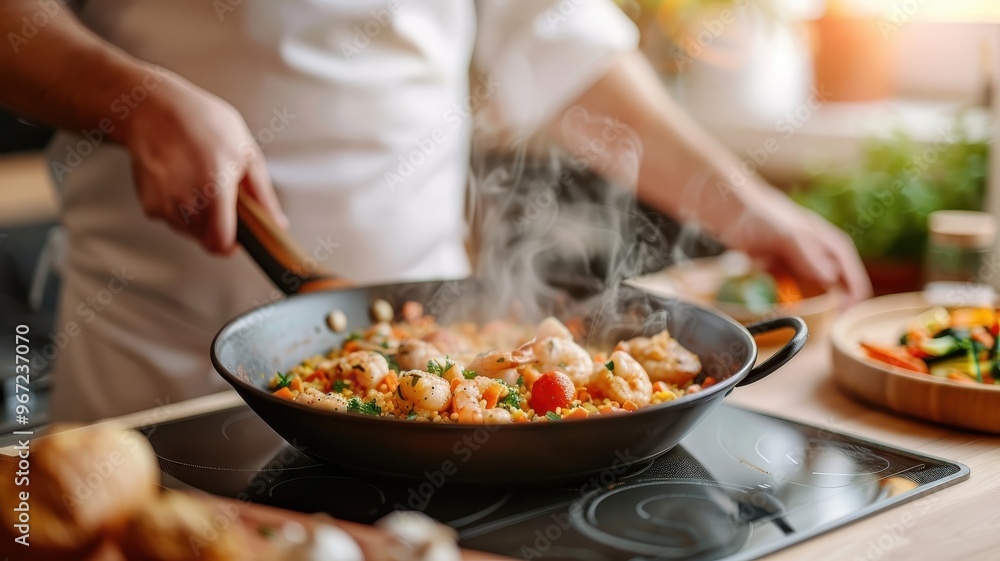 A paella pan simmers with saffron rice, seafood, and vegetables. A paella pan simmers with saffron rice, seafood, and vegetables.