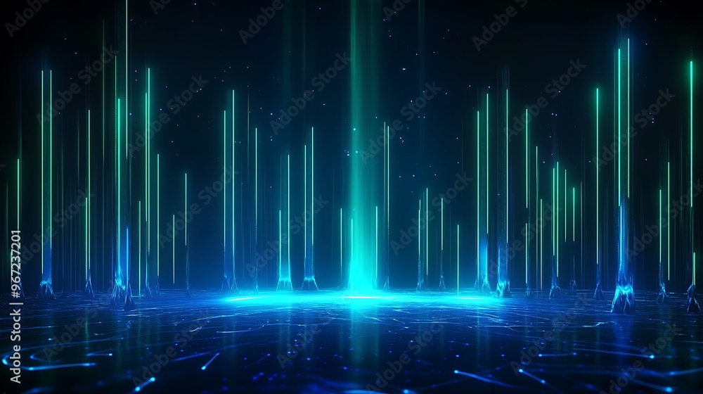 A futuristic abstract background featuring glowing blue and green light beams, creating a vibrant digital landscape. Stage for product presentation. A futuristic abstract background featuring glowing blue and green light beams, creating a vibrant digital landscape. Stage for product presentation.