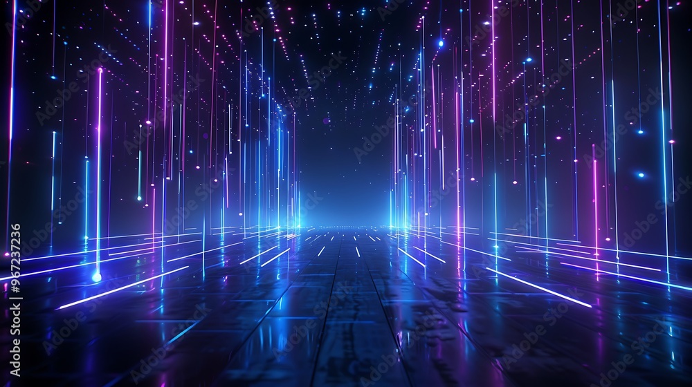 A futuristic abstract scene featuring vibrant neon lights and reflections creating a mesmerizing digital atmosphere. Stage for product presentation. A futuristic abstract scene featuring vibrant neon lights and reflections creating a mesmerizing digital atmosphere. Stage for product presentation.