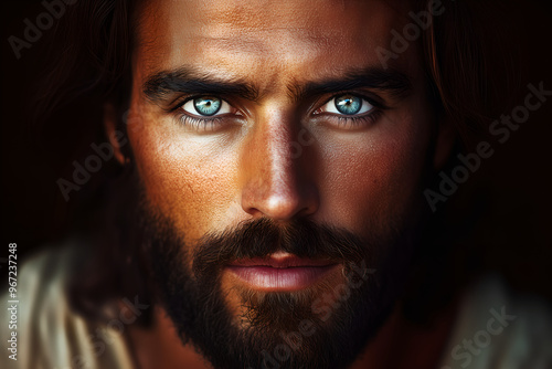 Detailed close-up portrait of Jesus Christ, bright blue eyes