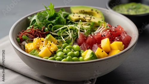 A photorealistic image of a poke bowl with fresh tuna, avocado, and other toppings.