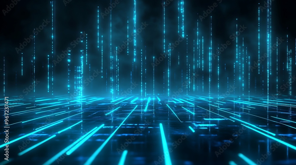 A futuristic digital background featuring glowing blue lines and particles in a dark space, perfect for tech-themed projects. Stage for product presentation. A futuristic digital background featuring glowing blue lines and particles in a dark space, perfect for tech-themed projects. Stage for product presentation.