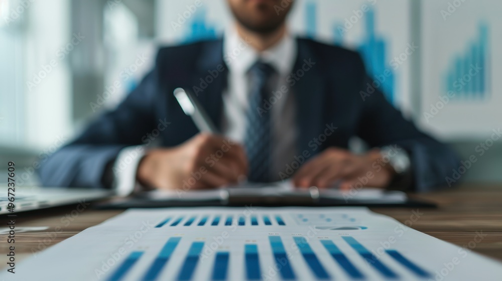 A businessman in a suit reviewing financial charts and graphs at a desk in an office, with focus on the documents and data analysis. A businessman in a suit reviewing financial charts and graphs at a desk in an office, with focus on the documents and data analysis.