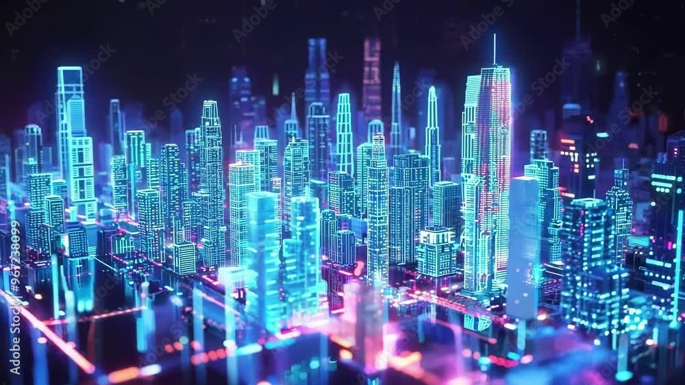 Futuristic hologram projection is displaying a smart city skyline with intricate details and vibrant colors. The image evokes a sense of technological advancement and urban innovation Futuristic hologram projection is displaying a smart city skyline with intricate details and vibrant colors. The image evokes a sense of technological advancement and urban innovation