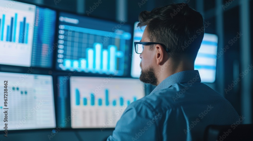 A man in glasses is analyzing data displayed on multiple screens in a modern office, focused on charts and graphs for data analysis. A man in glasses is analyzing data displayed on multiple screens in a modern office, focused on charts and graphs for data analysis.