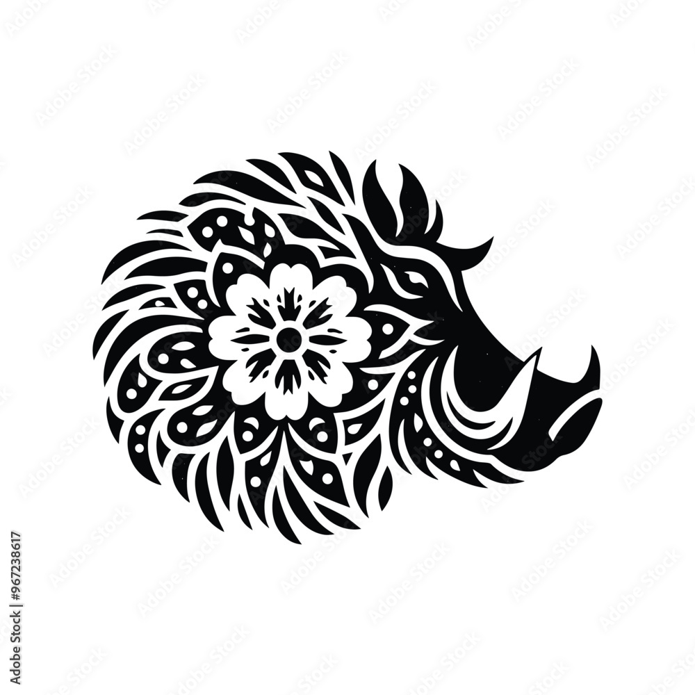 Warthog made by simple flower drawing, black and white animal illustration Warthog made by simple flower drawing, black and white animal illustration
