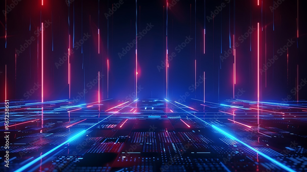 A futuristic digital landscape featuring vibrant red and blue light beams, creating an immersive tech atmosphere. Stage for product presentation. A futuristic digital landscape featuring vibrant red and blue light beams, creating an immersive tech atmosphere. Stage for product presentation.