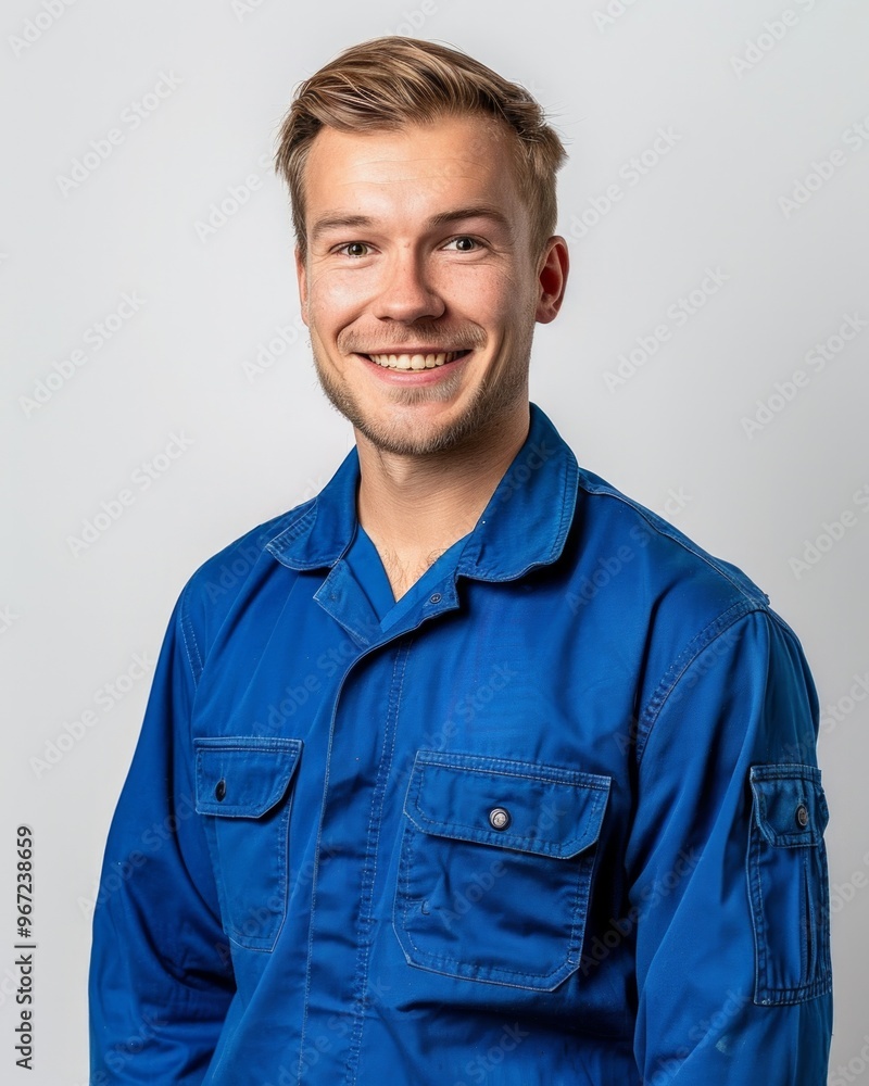 Young worker or plumber in blue overalls expresses different emotions Young worker or plumber in blue overalls expresses different emotions