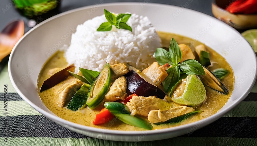 Fragrant Thai green curry with tender chicken pieces, bamboo shoots, and eggplant, served in a bowl, bursting with exotic spices and creamy coconut milk. Fragrant Thai green curry with tender chicken pieces, bamboo shoots, and eggplant, served in a bowl, bursting with exotic spices and creamy coconut milk.