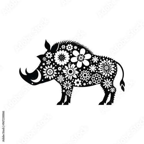 Warthog made by simple flower drawing, black and white animal illustration