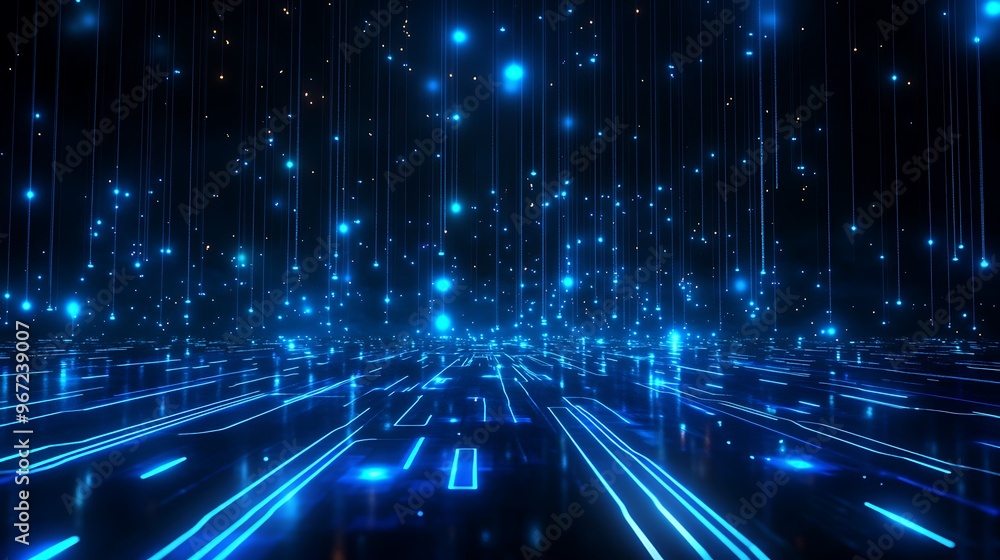 A futuristic digital landscape with glowing blue lines and particles, representing advanced technology and innovation. Stage for product presentation. A futuristic digital landscape with glowing blue lines and particles, representing advanced technology and innovation. Stage for product presentation.