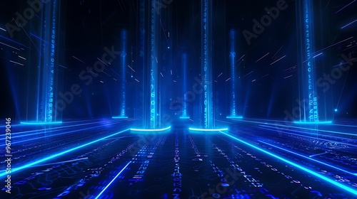 A futuristic digital landscape with glowing blue pillars and data streams, symbolizing technology and innovation. Stage for product presentation.