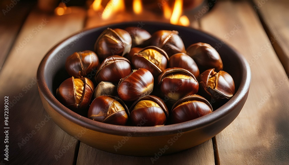 A bowl of warm, roasted chestnuts with their shells slightly cracked open, revealing their tender, flavorful centers, fresh from the oven A bowl of warm, roasted chestnuts with their shells slightly cracked open, revealing their tender, flavorful centers, fresh from the oven
