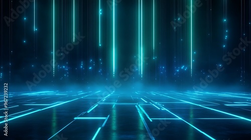 A futuristic digital landscape with glowing lines and a vibrant, ethereal atmosphere, perfect for sci-fi and technology themes. Stage for product presentation.