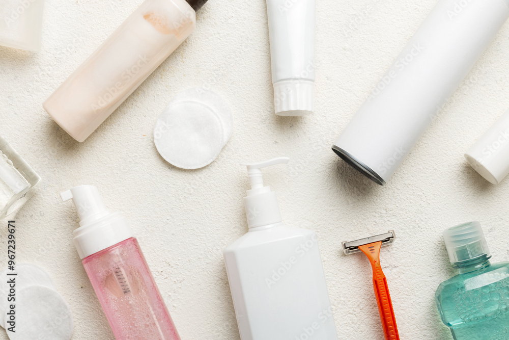 Mockup for bathing products top view flat lay, spa razor, toothpaste, soap, gel and other various accessories. Cosmetics for skin health. Bath Mockup for your logo Mockup for bathing products top view flat lay, spa razor, toothpaste, soap, gel and other various accessories. Cosmetics for skin health. Bath Mockup for your logo