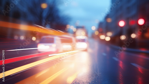 blurred background traffic on a night road, abstract tracks of headlights, translucent golden rays of light on a city street background, nightlife