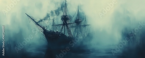 Abandoned pirate ship, haunted by spirits, eerie fog, Watercolor style photo