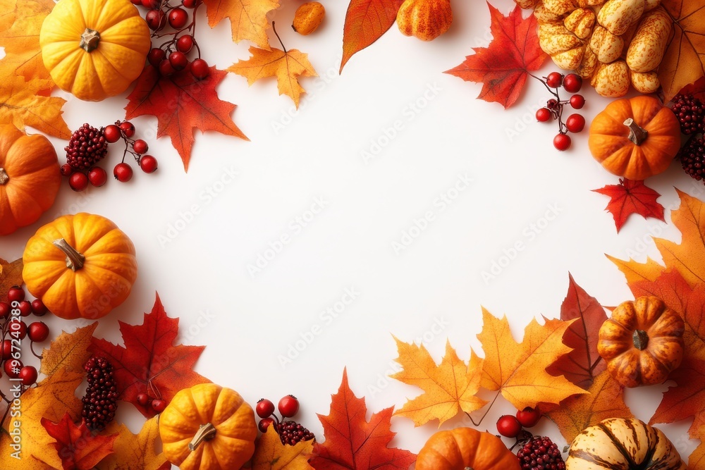 Autumn-themed flat lay with pumpkins, leaves, and berries on a white background Autumn-themed flat lay with pumpkins, leaves, and berries on a white background