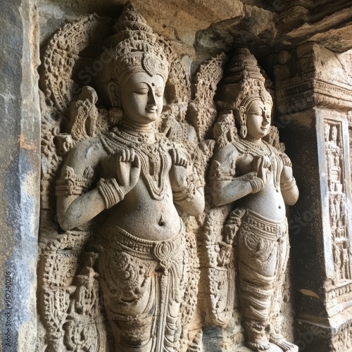 Intricately carved stone sculptures of two deities in a temple.