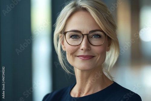 Happy middle aged professional german business woman, smiling mature executive ceo manager, 45 years old female entrepreneur, confident business owner wearing glasses in office. Headshot portrait