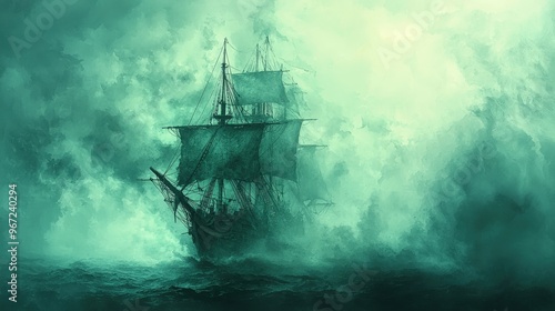 Cursed pirate ship, sailing through an eerie sea of mist, ghostly glow, Watercolor style