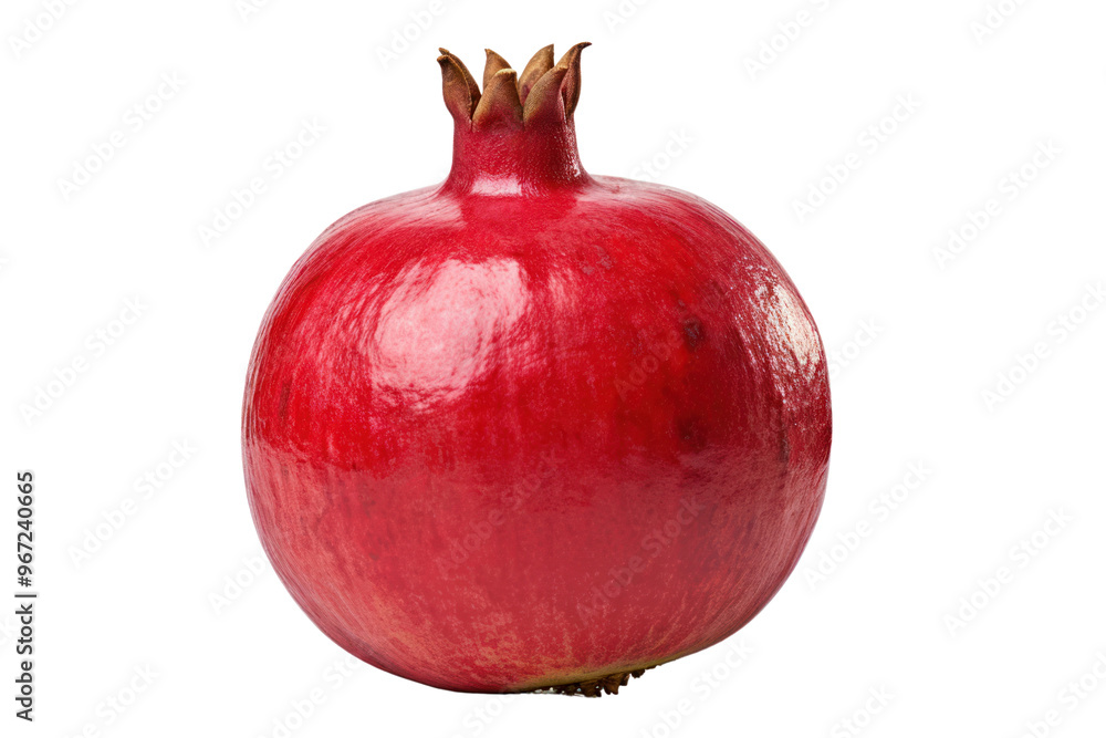 Whole pomegranate with a deep red, textured skin resting on a white surface isolated on white background
