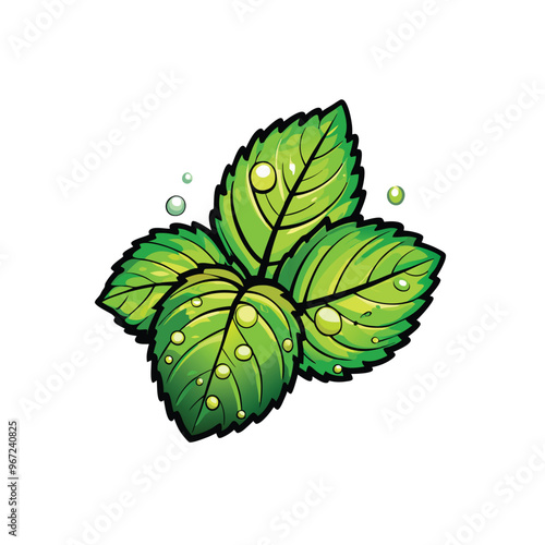 Illustration of three green lemon balm leaves with dew drops on a white background.