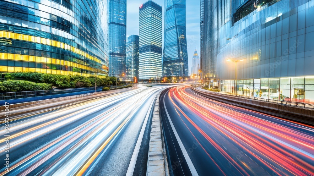 Long exposure light trails on a highway with Shanghai city skyline at night Long exposure light trails on a highway with Shanghai city skyline at night
