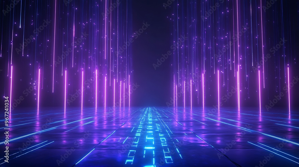 A futuristic scene featuring glowing neon lights and a digital pathway, perfect for tech-related projects or backgrounds. Stage for product presentation. A futuristic scene featuring glowing neon lights and a digital pathway, perfect for tech-related projects or backgrounds. Stage for product presentation.