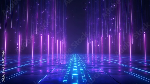 A futuristic scene featuring glowing neon lights and a digital pathway, perfect for tech-related projects or backgrounds. Stage for product presentation.