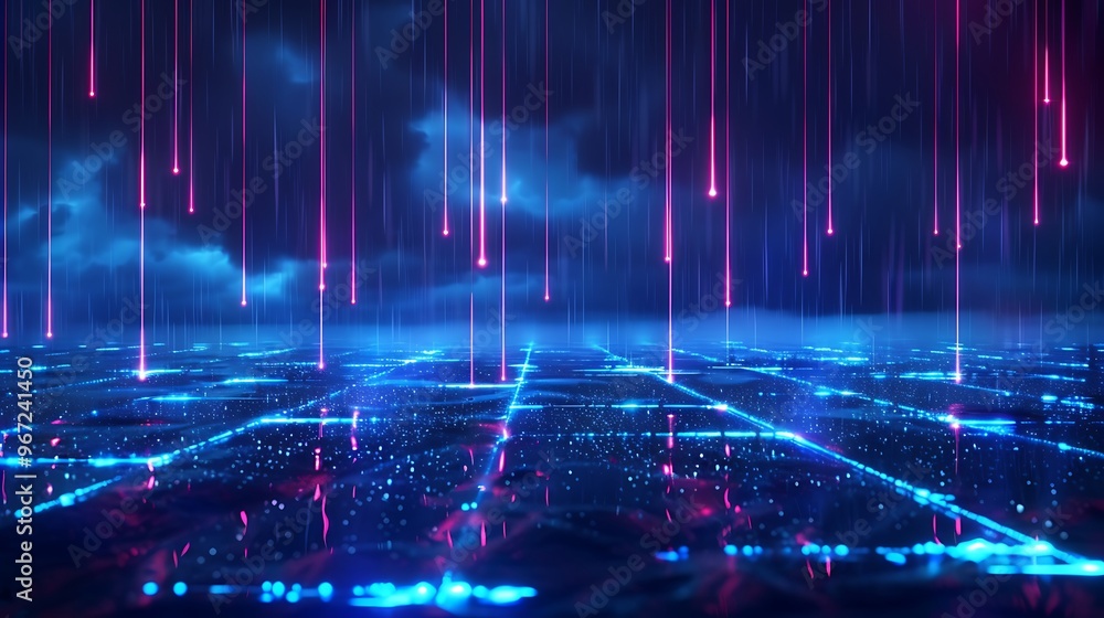 Obraz premium A futuristic scene with neon lights, creating a digital rain effect over a grid landscape, evoking a sense of technology and innovation. Stage for product presentation.