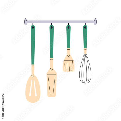 Set of different utensils hanging on holder. Silicone cookware: spoon, spatula, whisk, turner. Modern kitchenware, tableware for cooking. Kitchen tools. Flat isolated vector illustration on white