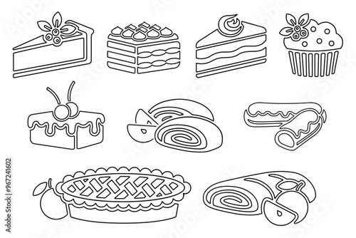 Traditional European and American dessert and popular cake line icon set, black outline isolated on white. Vector clipart, minimalist bakery sign or logo. Cheesecake, cupcake, muffin and tiramisu.