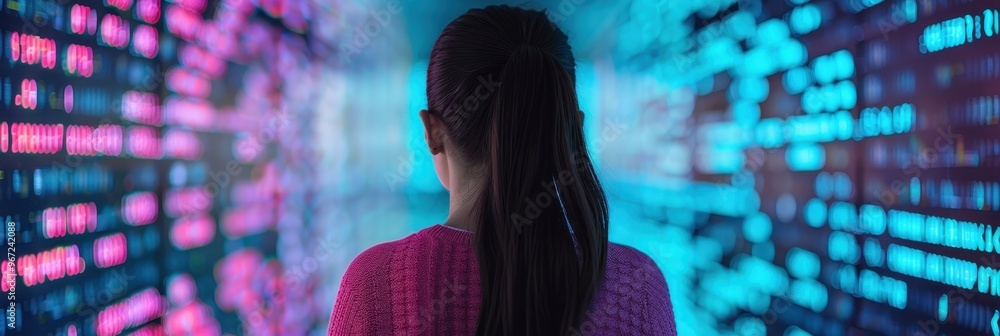 Side view of a woman wearing glasses, focused on analyzing complex data on a large digital screen in a dark room, representing technology and cybersecurity. Side view of a woman wearing glasses, focused on analyzing complex data on a large digital screen in a dark room, representing technology and cybersecurity.