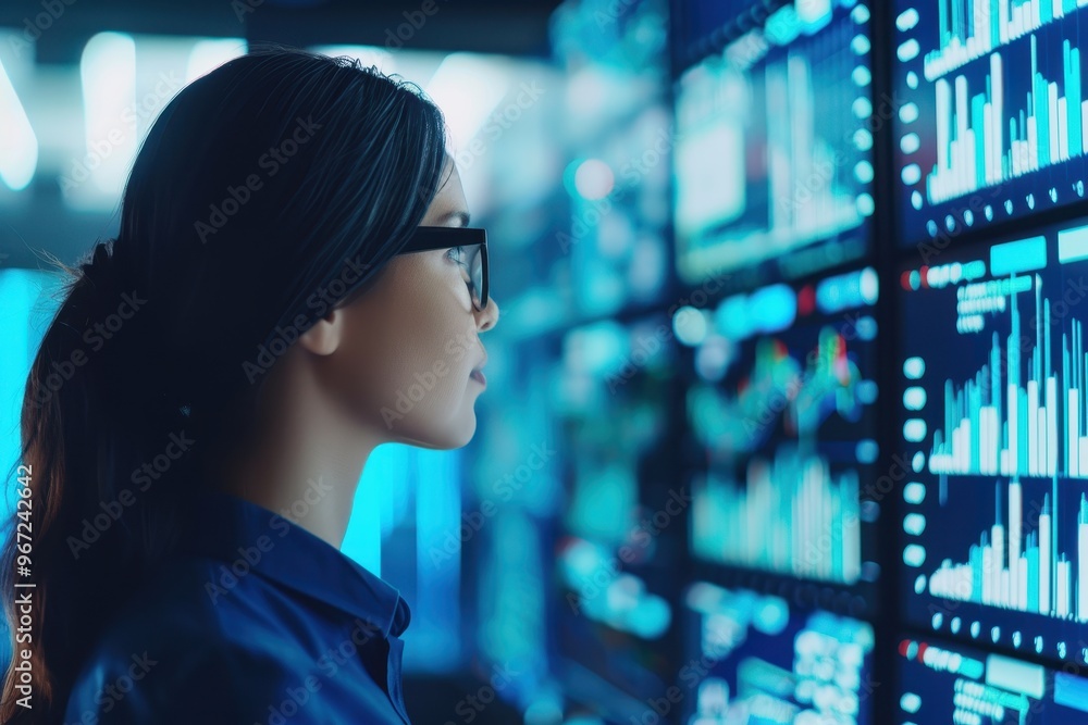 Side profile of a woman wearing glasses, analyzing data charts on multiple large digital screens in a modern technology setting, focused on data analysis and insights. Side profile of a woman wearing glasses, analyzing data charts on multiple large digital screens in a modern technology setting, focused on data analysis and insights.