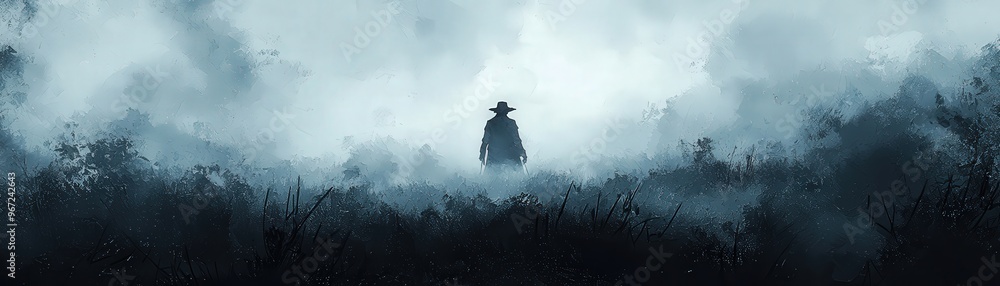 Obraz premium Ghostly pirate captain, lost in a maze of fog, eerie night, Watercolor style