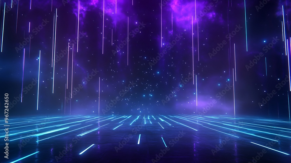 A mesmerizing digital landscape with vibrant neon lights and ethereal rain, perfect for futuristic designs and creative projects. Stage for product presentation. A mesmerizing digital landscape with vibrant neon lights and ethereal rain, perfect for futuristic designs and creative projects. Stage for product presentation.