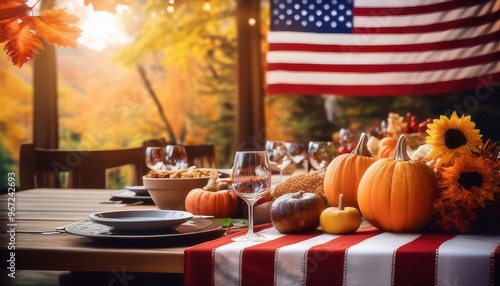 Celebrazione del giorno del Ringraziamento con tavola autunnale americana photo