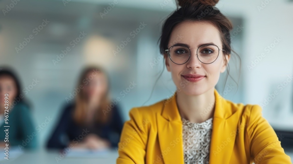 Portrait of a smiling young woman with glasses wearing a yellow blazer, sitting in an office setting with colleagues in the background. Portrait of a smiling young woman with glasses wearing a yellow blazer, sitting in an office setting with colleagues in the background.