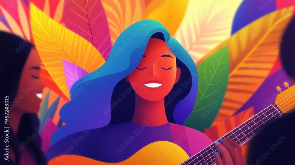 Colorful Illustration of a Non-Binary Person Playing Guitar Surrounded by Vibrant Leaves Colorful Illustration of a Non-Binary Person Playing Guitar Surrounded by Vibrant Leaves