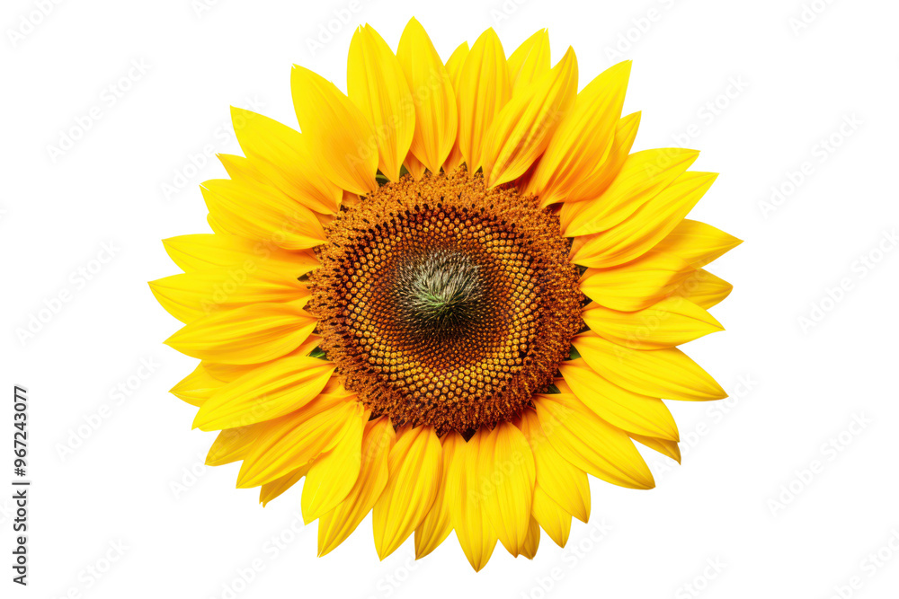 Overhead view of a sunflower with perfectly symmetrical petals and a textured center isolated on white background Overhead view of a sunflower with perfectly symmetrical petals and a textured center isolated on white background