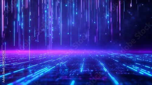 A stunning abstract background featuring vibrant neon lights, futuristic patterns, and a digital atmosphere perfect for any tech-themed project. Stage for product presentation.