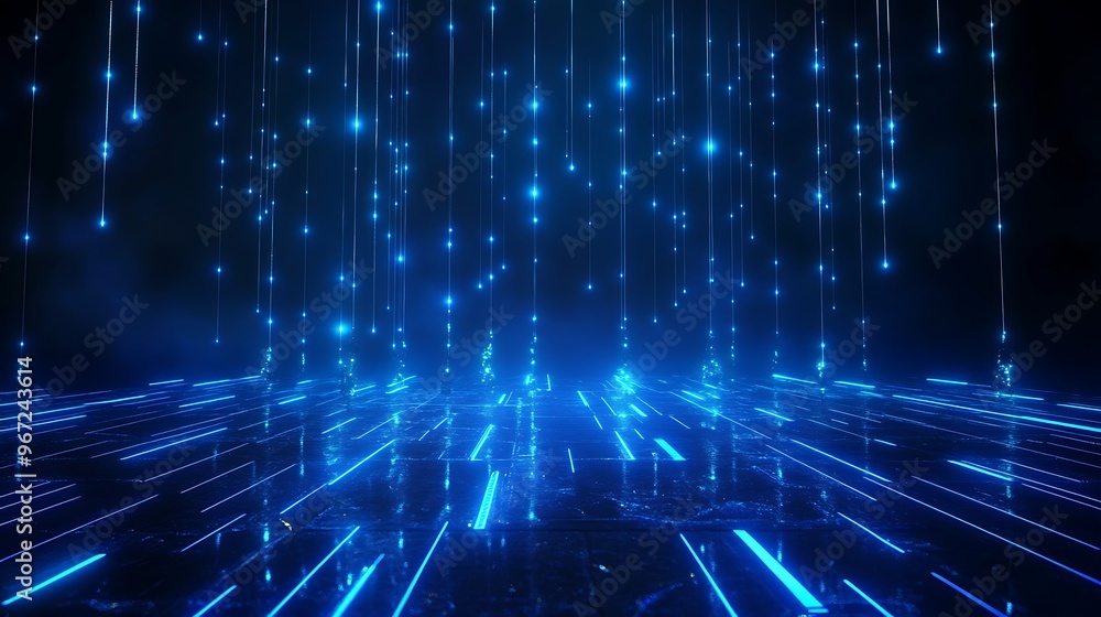 Obraz premium A stunning digital background featuring vibrant blue light rays cascading and creating a dynamic atmosphere of technology. Stage for product presentation.
