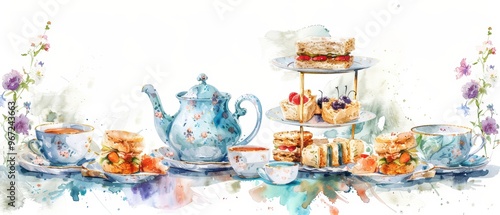 A beautiful watercolor illustration of a tea set accompanied by delightful pastries and floral accents, perfect for tea lovers. photo