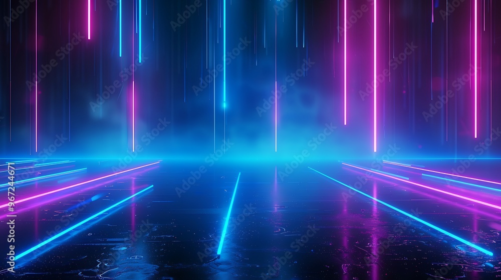 A vibrant, futuristic scene with glowing neon lights and a reflective floor, perfect for parties or tech-themed projects. Stage for product presentation. A vibrant, futuristic scene with glowing neon lights and a reflective floor, perfect for parties or tech-themed projects. Stage for product presentation.