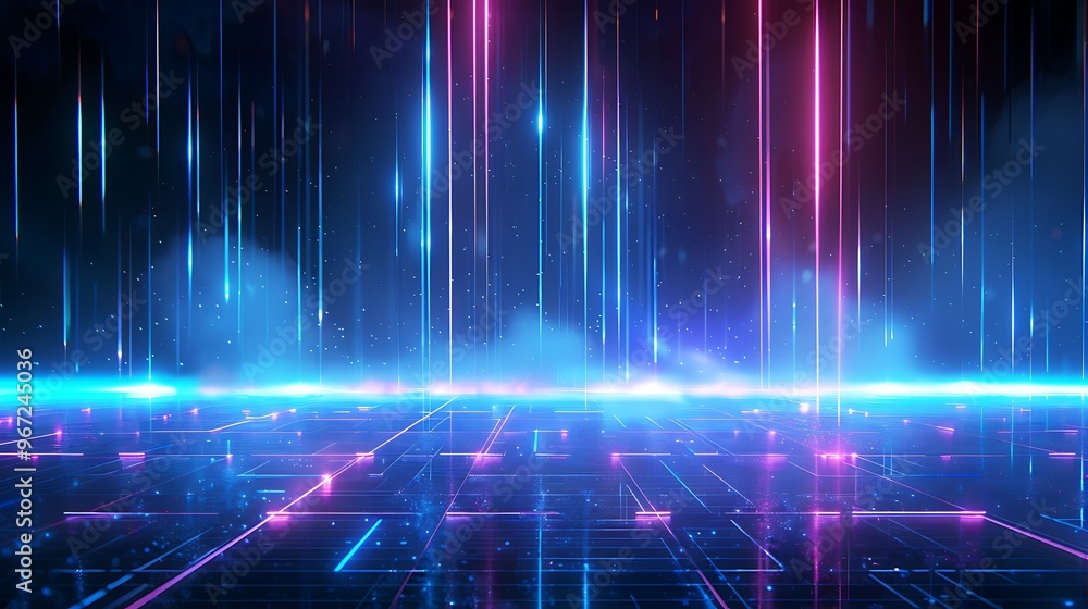 A vibrant abstract digital landscape featuring colorful neon lights and a futuristic grid, ideal for technology themes. Stage for product presentation. A vibrant abstract digital landscape featuring colorful neon lights and a futuristic grid, ideal for technology themes. Stage for product presentation.