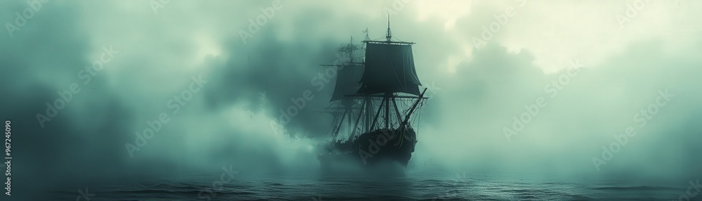 Obraz premium Ghostly pirate ship, emerging from the depths, eerie fog, Watercolor style