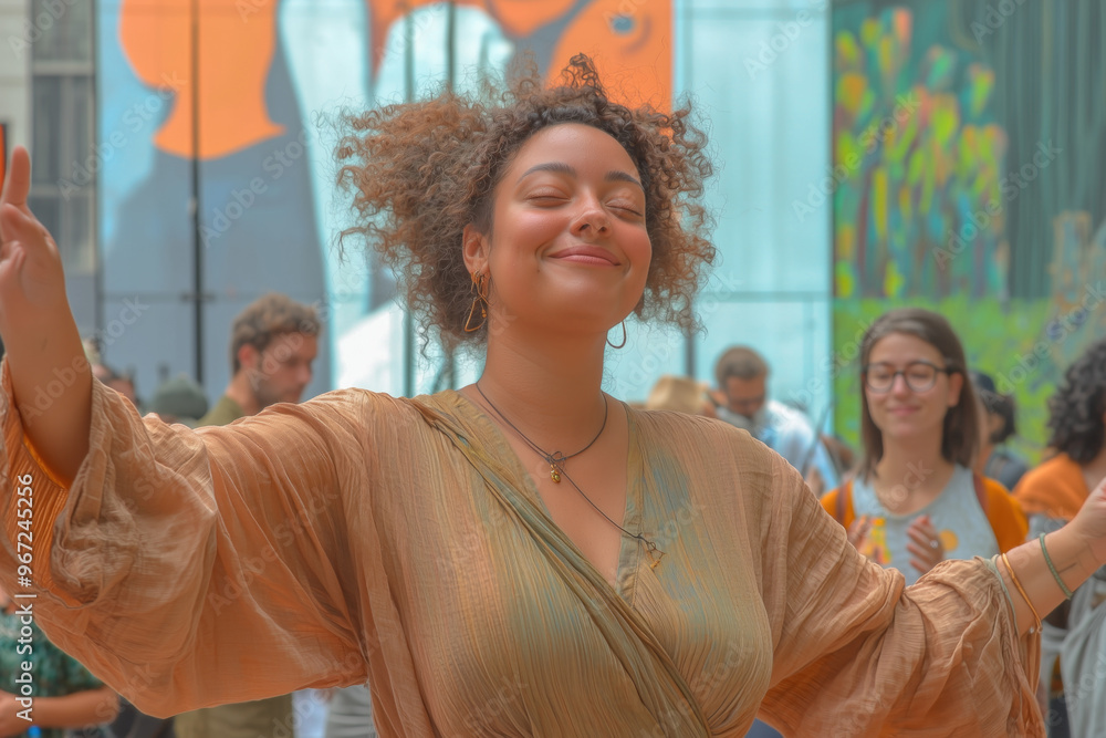 Fototapeta premium Joyful woman dancing at outdoor art festival