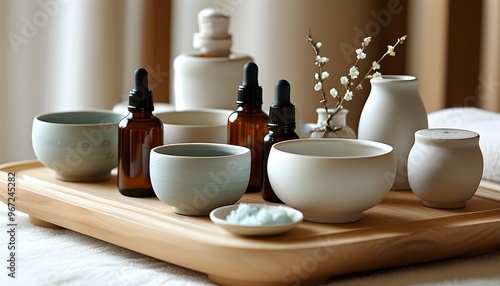 Serene wooden tray adorned with ceramic bowls and essential oil bottles, creating a tranquil spa-like ambiance on a soft white surface