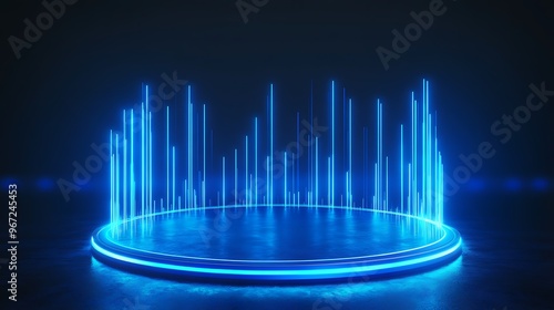A vibrant blue light display showcasing digital sound waves and a futuristic podium in a dark setting. Stage for product presentation.
